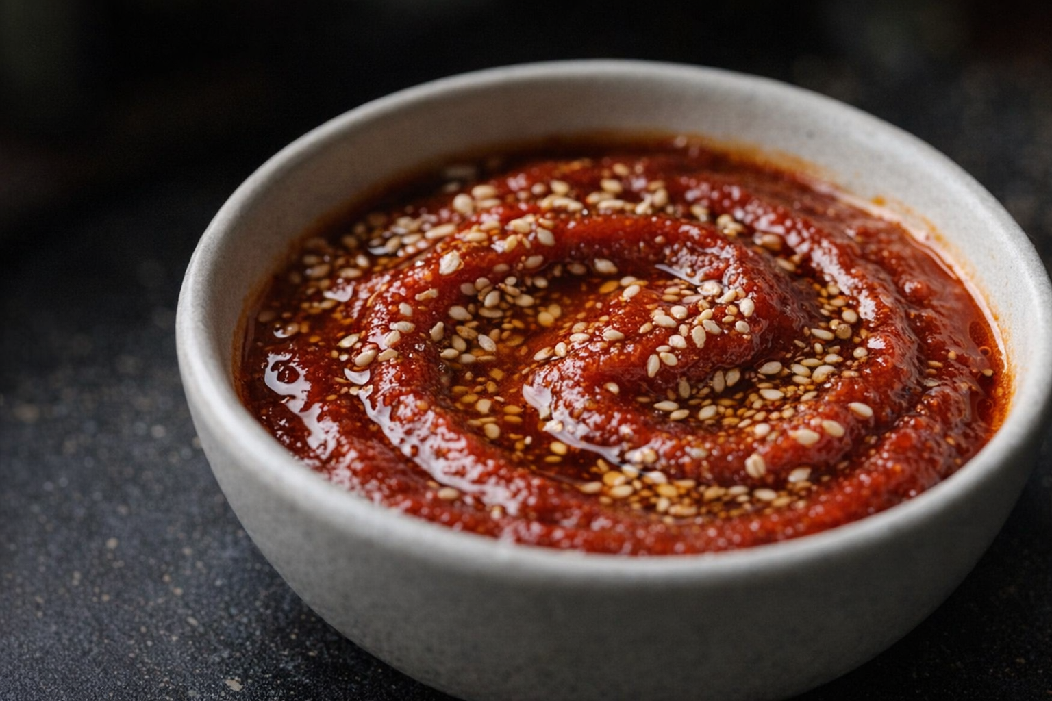 A close-up, studio-lit shot of vibrant red gochujang sauce in a small ceramic bowl, drizzled with sesame oil and sprinkled with sesame seeds, against a dark background